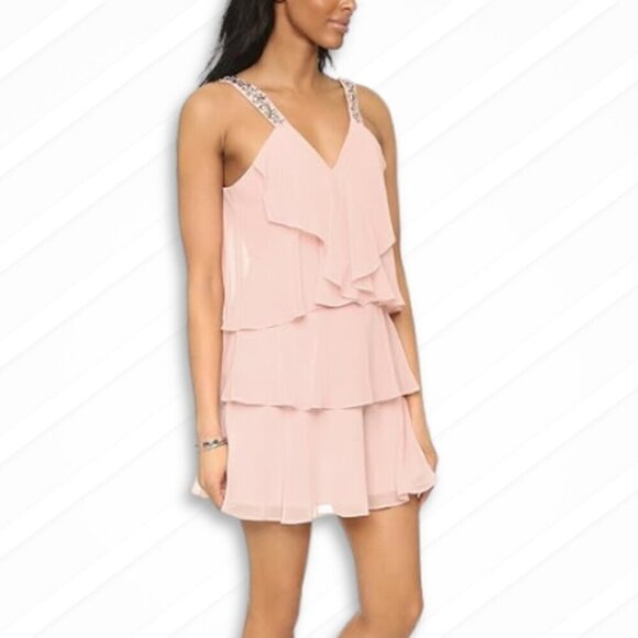 BCBGMaxAzria Carlotta Ruffle Tiered Swiftie Prom Dress Jewel Strap Petal Pink 6 - Picture 6 of 16